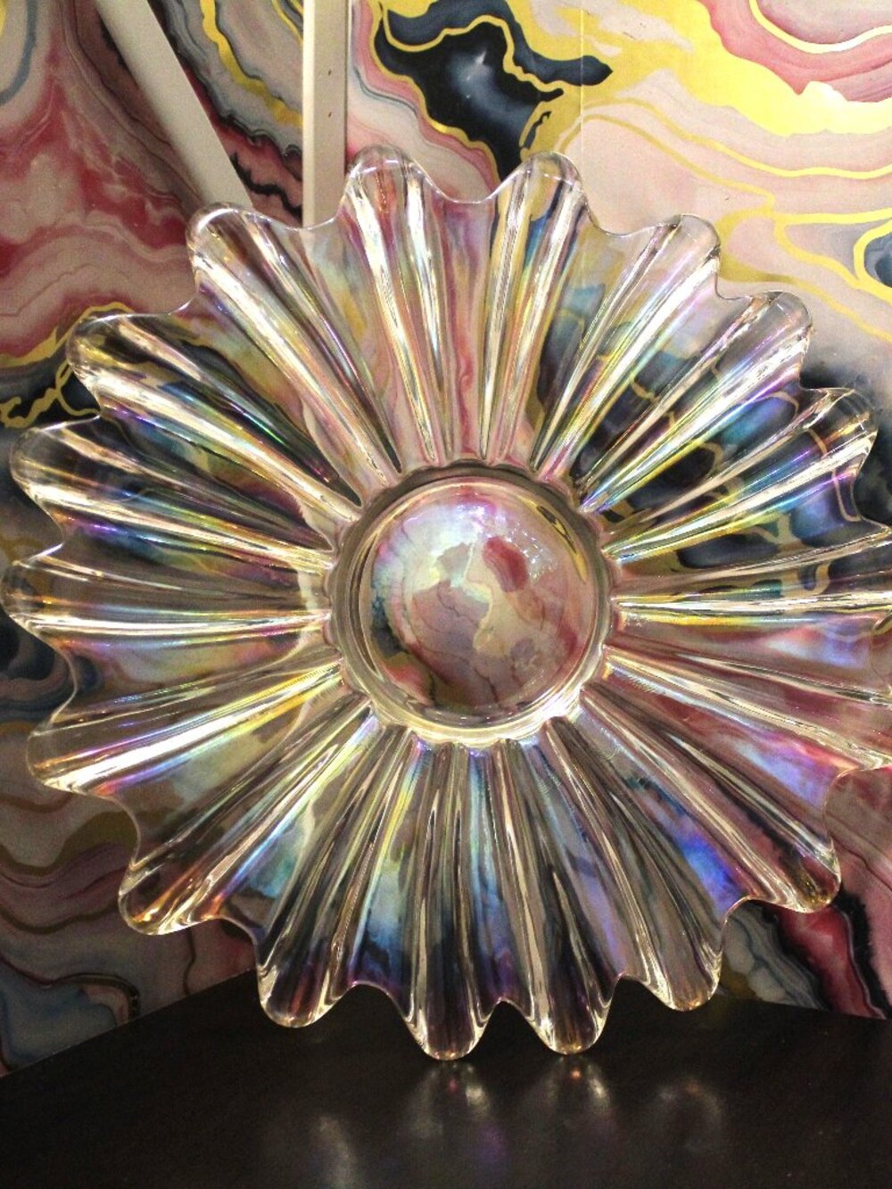Vintage 70s Federal Glass Celestial Iridescent Bowl Starburst Petal 11"